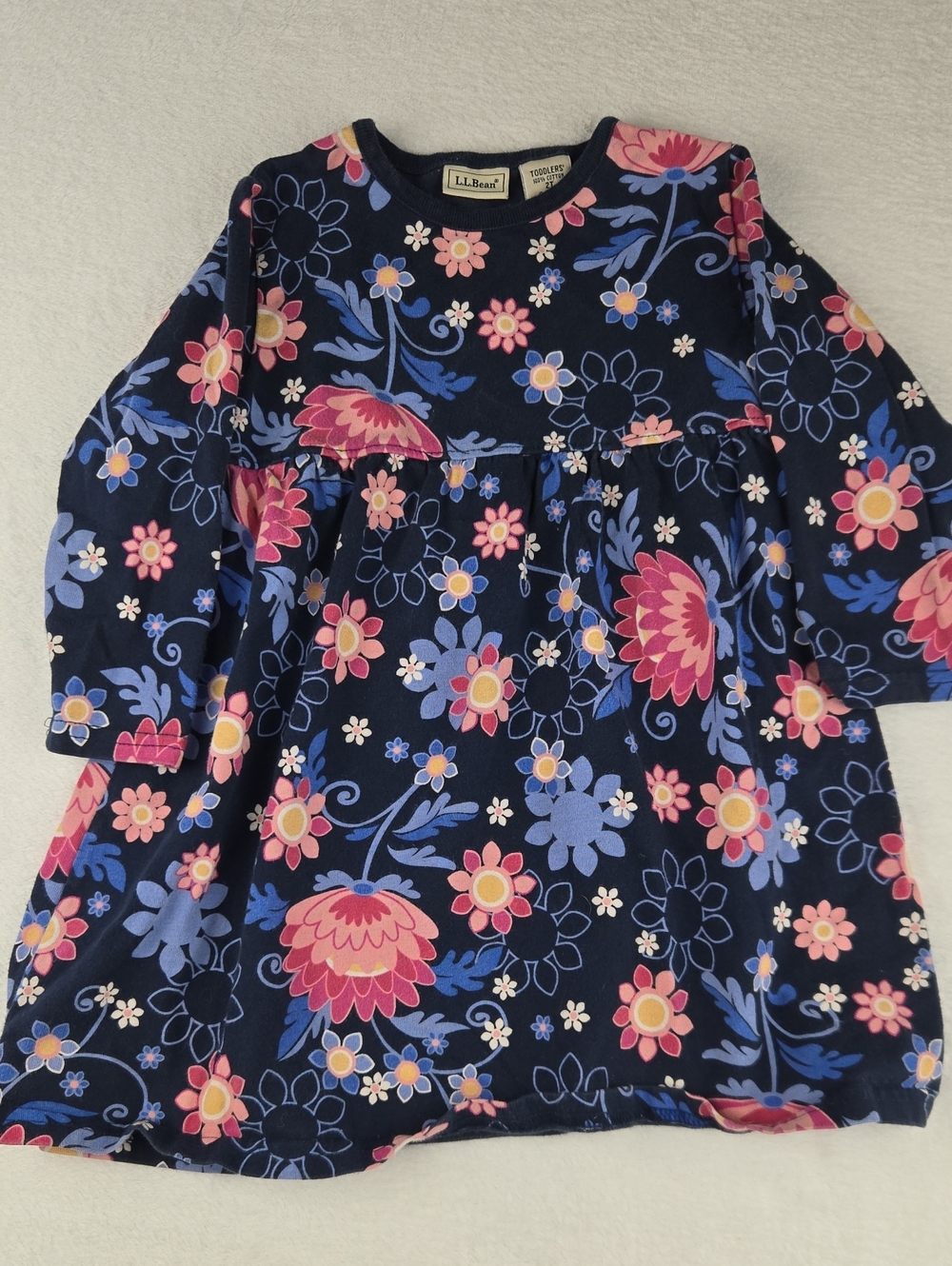 L.L. Bean Blue Flower Dress Size 2T Long Sleeve Pink Yellow